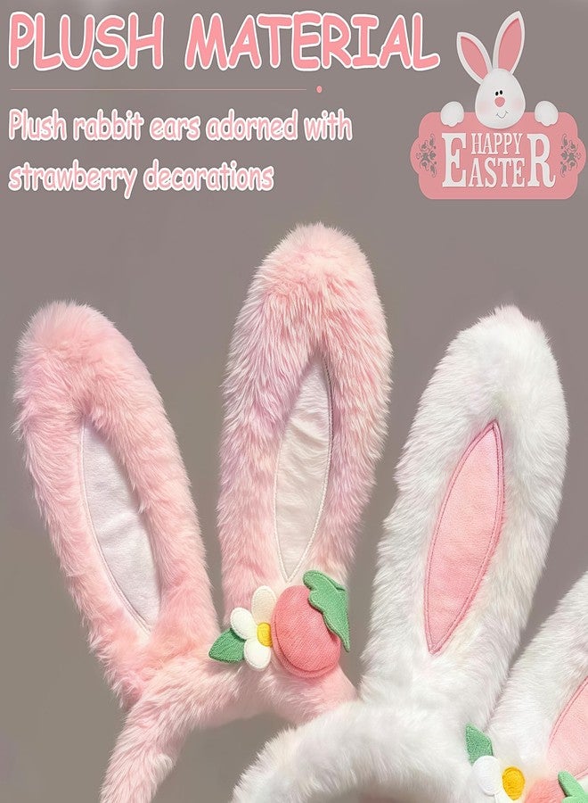 Doneace Easter Bunny Ears Headband Plush Easter Rabbit Ear Hairband Cute Strawberry Bunny Ears Headbands for Women Easter Cosplay Party Headwear Festival Costume Hair Accessories Gift 1PCS(Pink) - Image 5